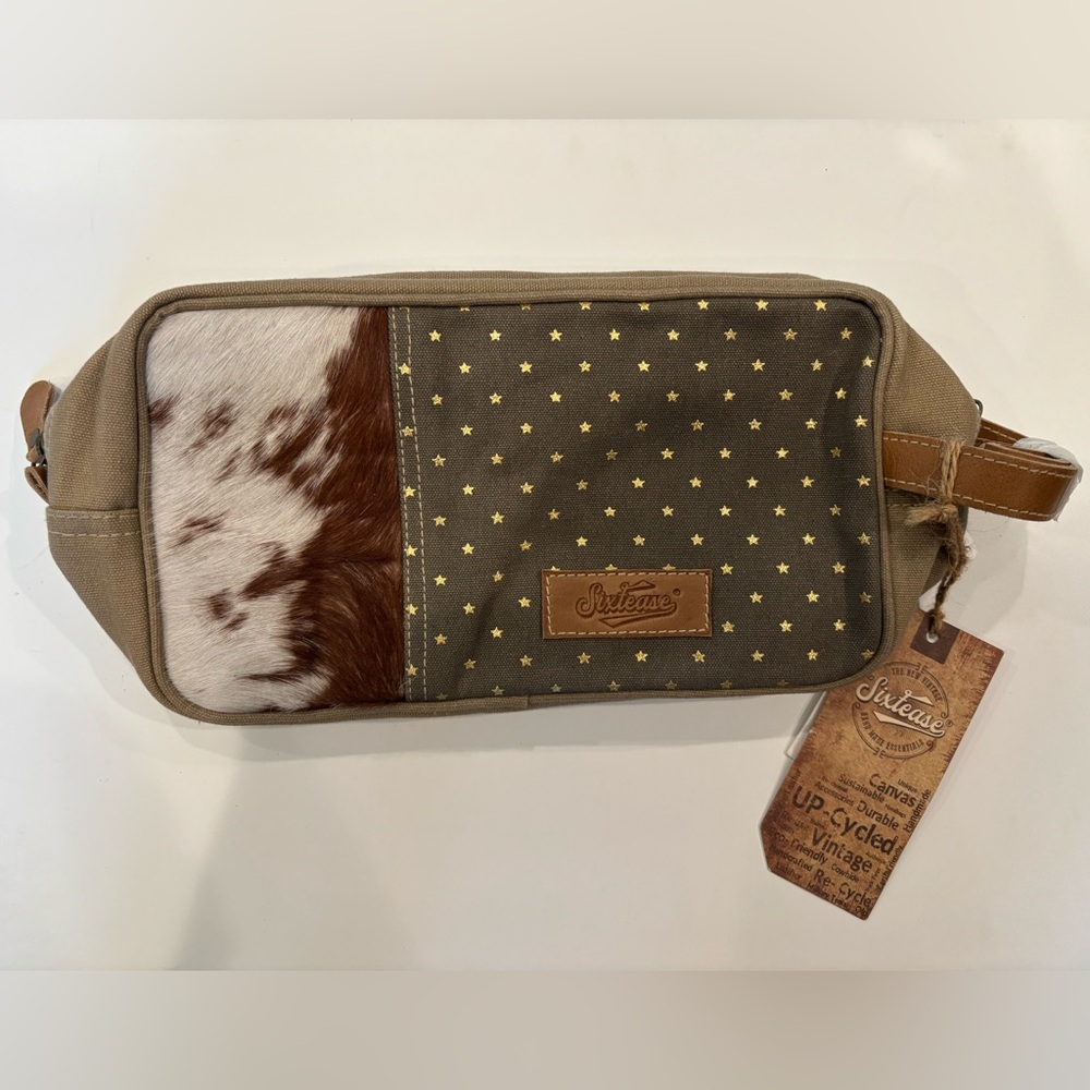 Sixtease upcycled canvas and cowhide cosmetic bag